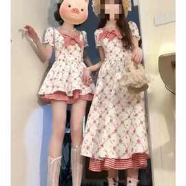 女童蝴蝶结格纹拼接碎花连衣裙中大童夏季新款甜美时尚公主休闲裙