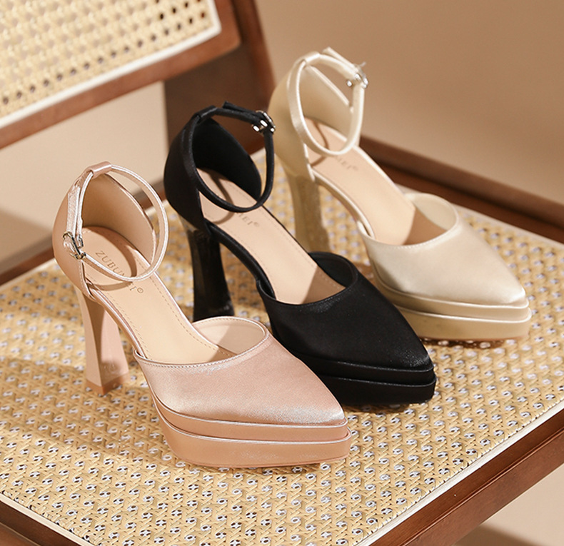 Sandal cao gót nữ mũi nhọn quai ngang chất liệu satin, gót 11 cm — Đen - 11cm chi tiết 9
