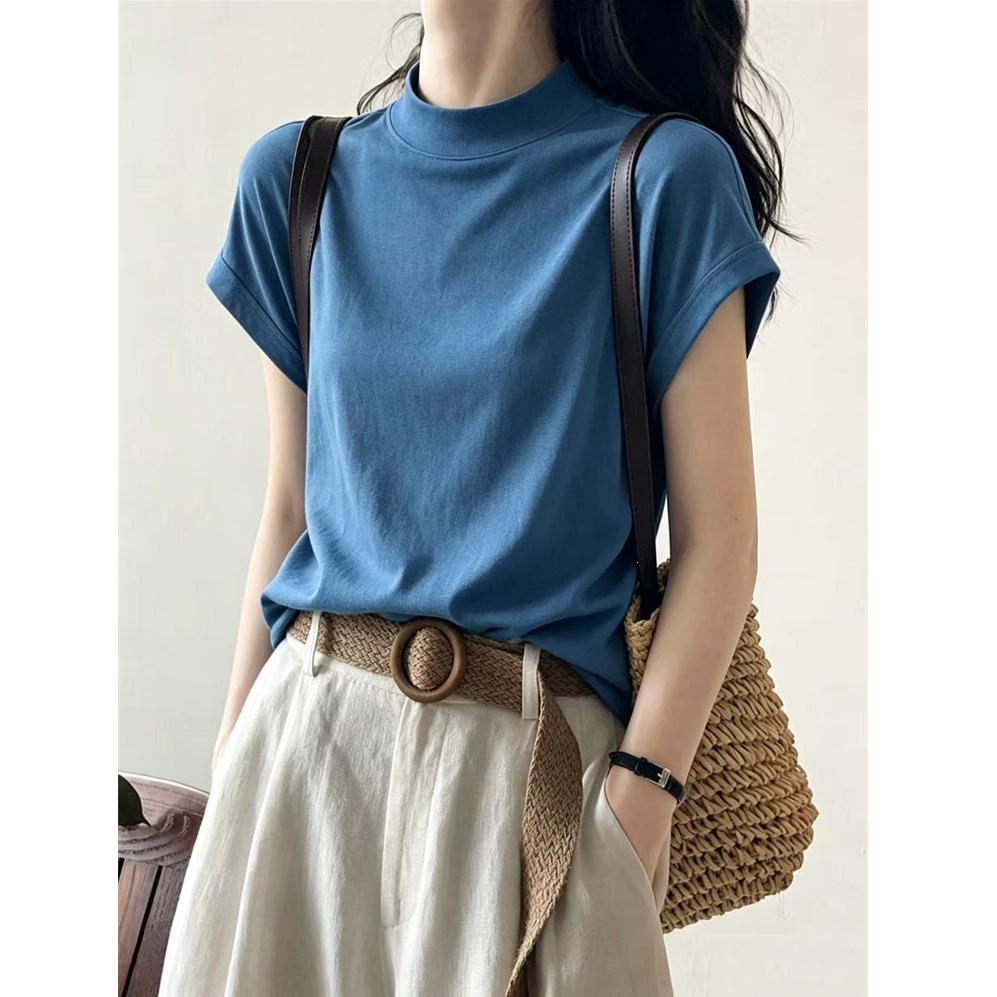 220g Water-Soft Cotton 95% Cotton 5% Ammonia】Half-High Collar Short-Sleeve T-Shirt for Women, Summer Loose-Fitting Unique Casual Top