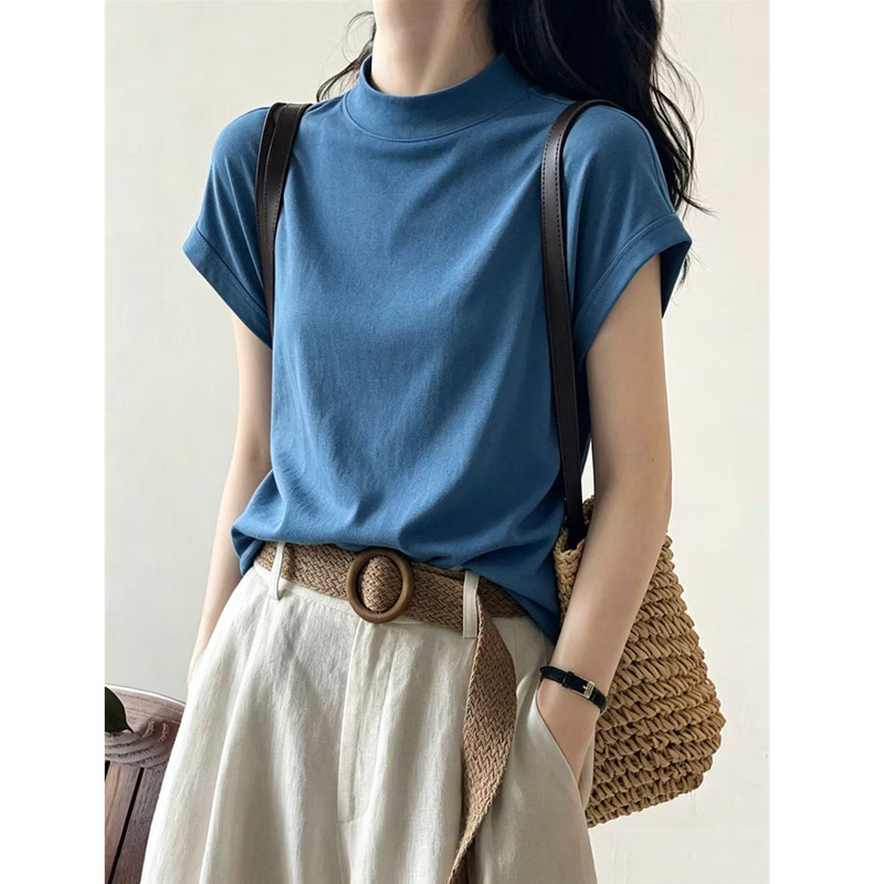 220g Water-Soft Cotton 95% Cotton 5% Ammonia】Half-High Collar Short-Sleeve T-Shirt for Women, Summer Loose-Fitting Unique Casual Top 220g Water-Soft Cotton 95% Cotton 5% Ammonia】Half-High Collar Short-Sleeve T-Shirt for Women, Summer Loose-Fitting Unique Casual Top