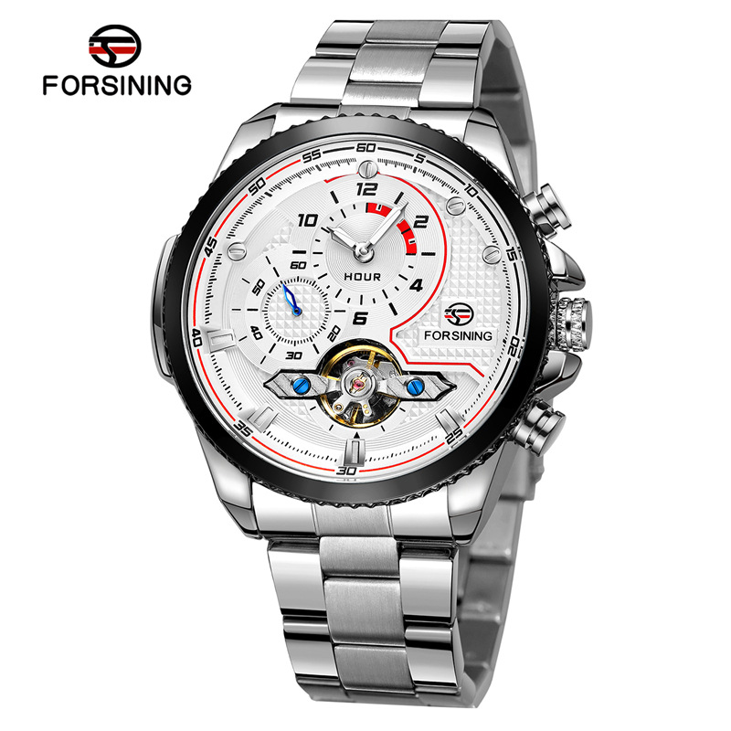 Forsining Fusini 8229 reloj mecánico automático de volante casual para hombre correa de acero reloj transparente