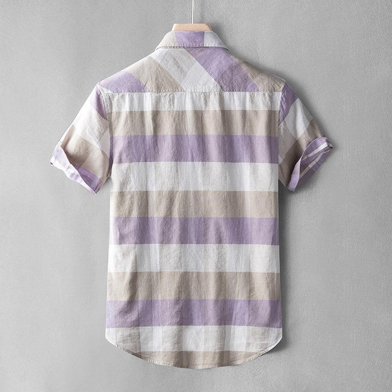 Camisa casual de lino juvenil Camisa de manga corta a cuadros a juego de color para hombre Camisa delgada a cuadros floral delgada de algodón y lino media manga verano