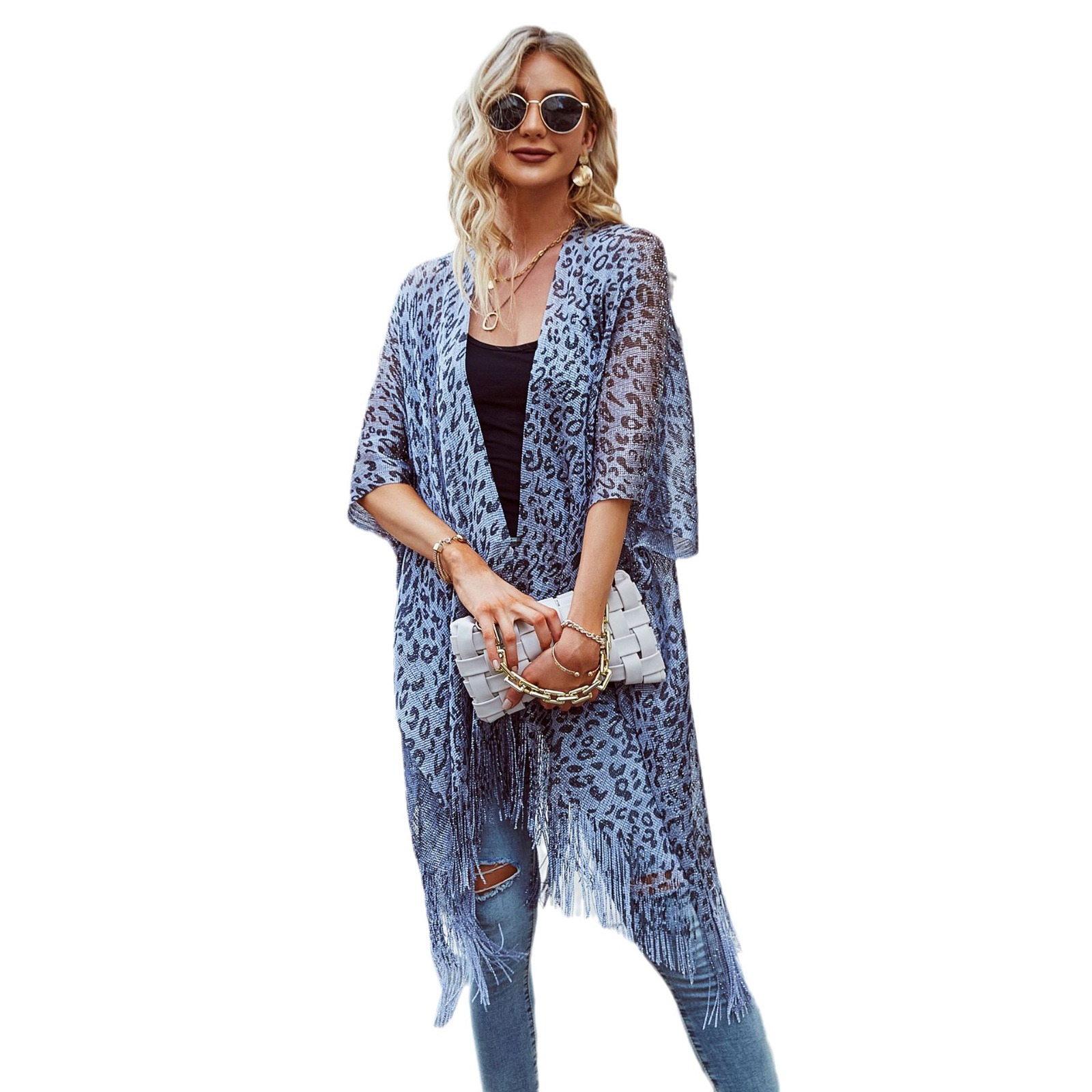 Chal de playa de verano para mujer, estilo europeo y americano, con estampado de leopardo, diseño hueco, flecos de cebra, para vacaciones, tendencia 2026
