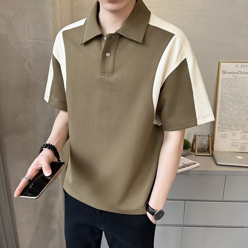 Herren Patchwork Polohemd Atmungsaktives Baumwoll Casual Shirt_voghion.com