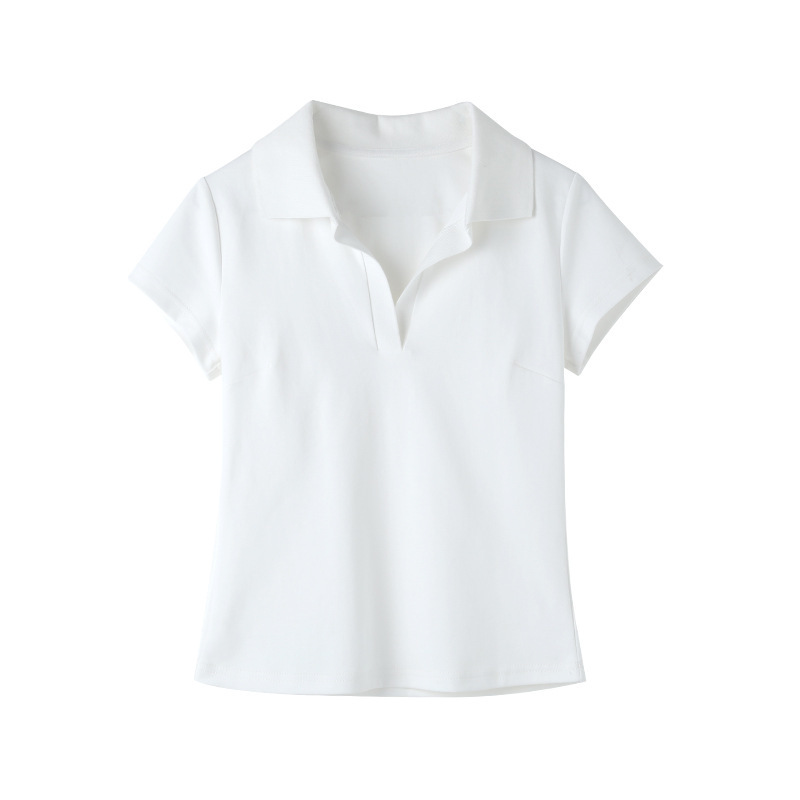 ブルーポロカラーショルダー半袖Tシャツ女性用2025新しい純綿スリムウエスト半袖ラペルショートトップ|undefined
