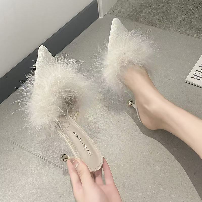High-Heeled Slippers 2025 New Foreign Trade Large Size High-Heeled Stiletto Fur Pointed Toe Sandals for Women Wholesale Dropshipping