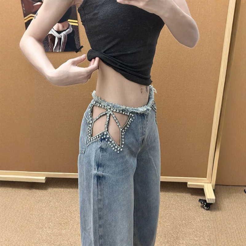 American retro unique and exquisite hollow-out rhinestone-embellished jeans, 2026 new model for women, niche low-waist slimming floor-length pants American retro unique and exquisite hollow-out rhinestone-embellished jeans, 2026 new model for women, niche low-waist slimming floor-length pants