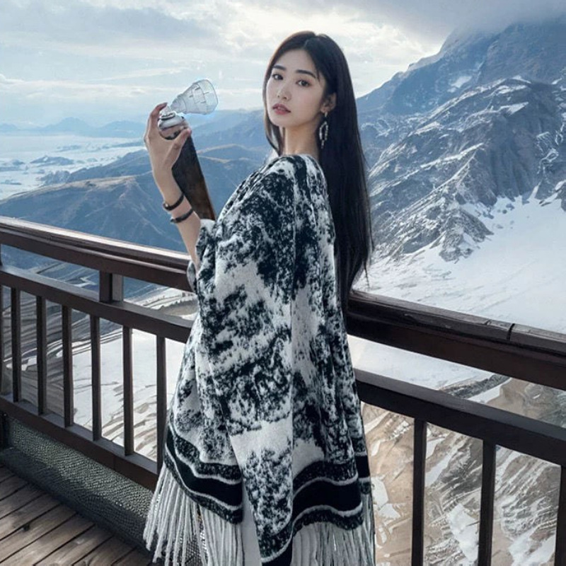Chinesischer Schal Mit Tassel Und Tuschemalerei Für Damen_voghion.com