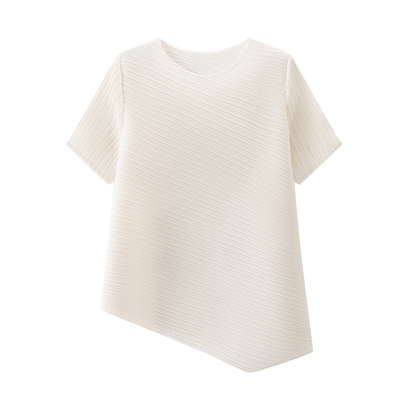 Miyake Pleated Top Women's Summer 2025 New Round Neck Short-Sleeved Versatile Slimming Look Design Niche Asymmetrical T-Shirt Miyake Pleated Top Women's Summer 2025 New Round Neck Short-Sleeved Versatile Slimming Look Design Niche Asymmetrical T-Shirt