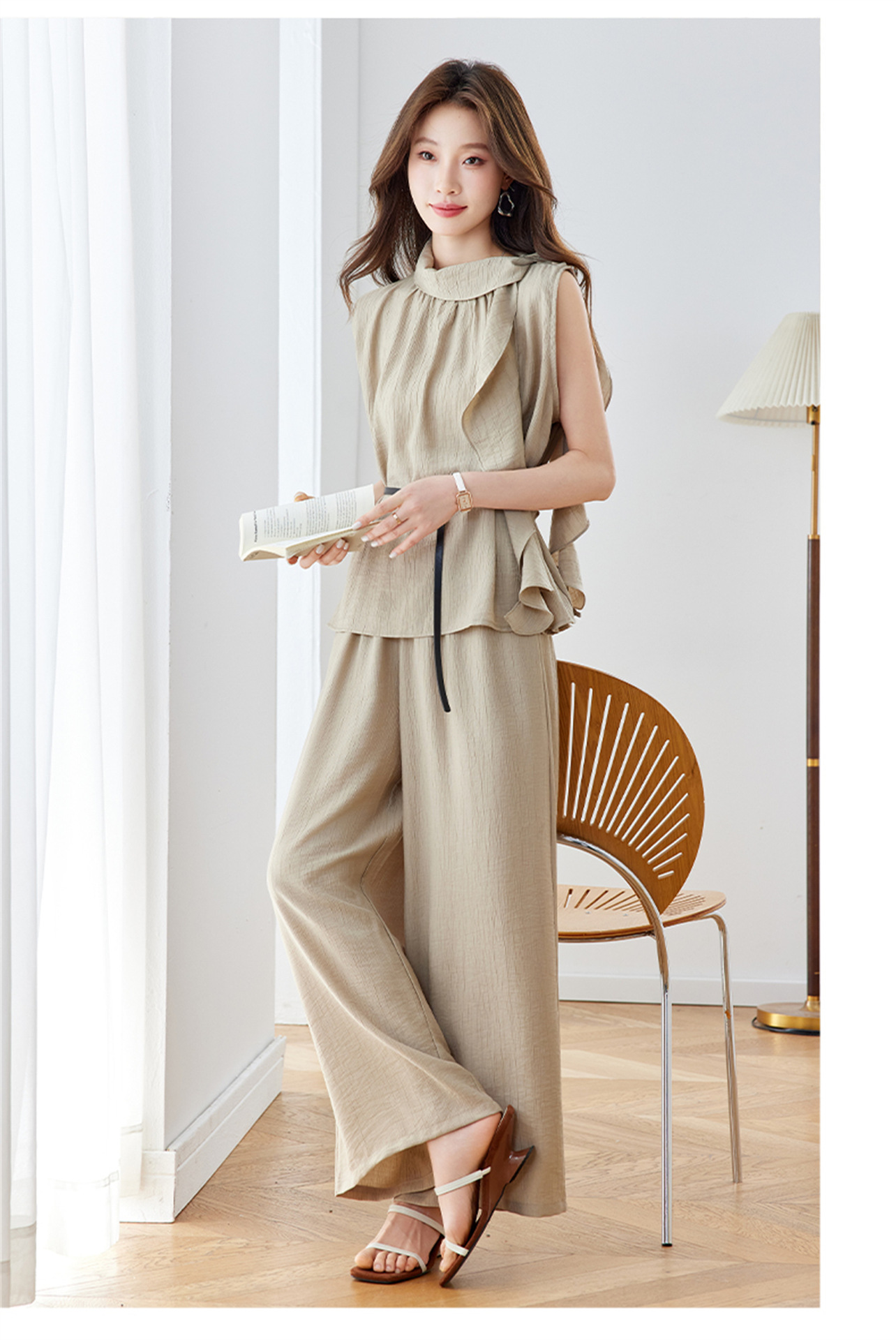 Bộ quần áo nữ hai mảnh áo sơ mi không tay phối quần ống rộng có thắt lưng — Xanh lông mòng đen, màu kaki chi tiết 12