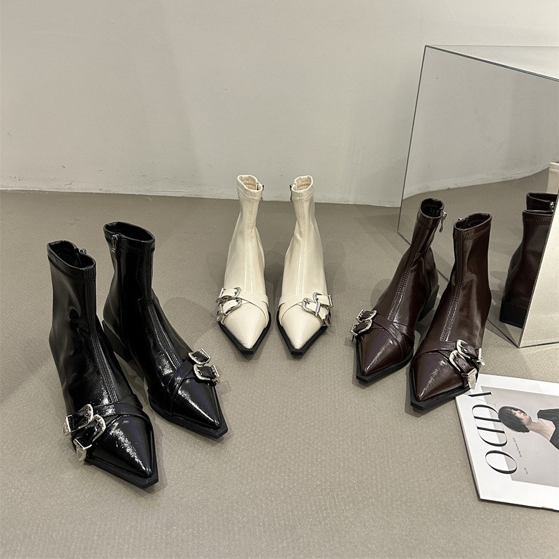 2024 Autumn And Winter New Pointed Belt Buckle Martin Slim Single Thick High Heels Side Zipper Short Boots For Women_voghion.com