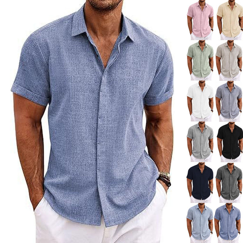 Cross-Border Amazon Foreign Trade European and American Men's Short-Sleeved Casual Button-Down Faux Linen Shirt Men's Beach Summer Shirt Cross-Border Amazon Foreign Trade European and American Men's Short-Sleeved Casual Button-Down Faux Linen Shirt Men's Beach Summer Shirt