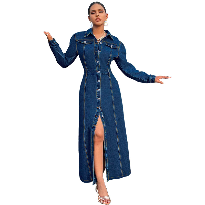 708g Weight Maxi Long Dress Dress Length Type Long Sleeve Sleeve Length Denim Dress Dresses Type Cotton (more than 30%), Denim Fabric Type High Waist Waist Line Holiday, Street Occasion Turndown Neckline Slim Fit Type Solid Color Pattern Spring, Autumn Season Women's Gender Streetwear Style Wholesale Women's Streetwear Solid Color Holiday Street Turndown Long Sleeve Denim Dress 13