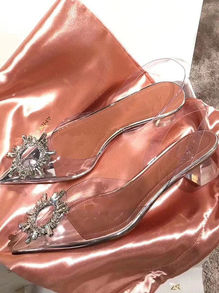 Sandalias de Punta cerrada para mujeres 2022 nueva primavera rhinestone punta puntiaguda tacón grueso versátil sexy temperamento boca baja cristal transparente zapatos de una sola capa
