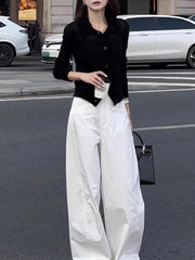 春秋穿搭一整套黑色长袖针织开衫宽松白色阔腿裤盐系炸街两件套装