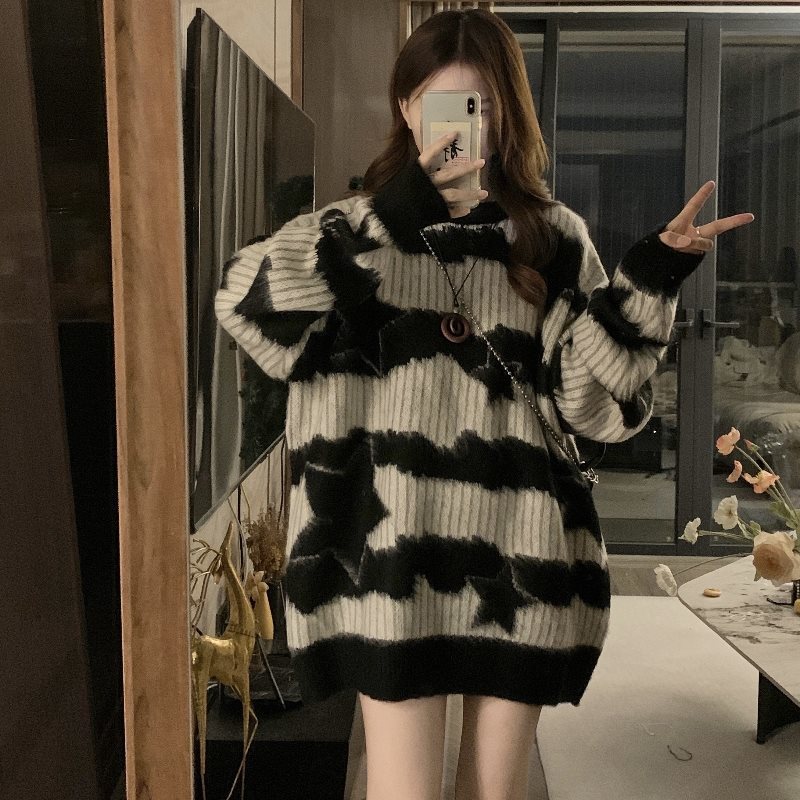 느슨한 게으른 스타일 아우터 스웨터 여성 가을과 겨울 플러스 사이즈 통통 자매 슬리밍 중간 길이의 얼룩말 스웨터 탑