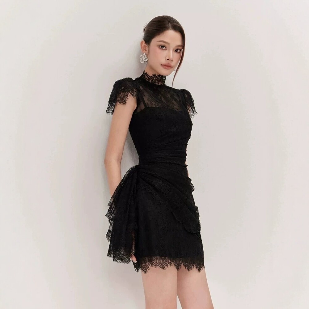 黑色蕾丝连衣裙女小众设计感高级气质修身显瘦短裙宴会礼服裙