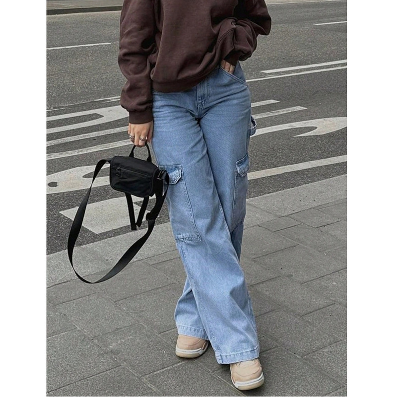 外贸跨境美式高街工装女式高腰弹力多口袋牛仔长裤百搭个性牛仔裤|undefined