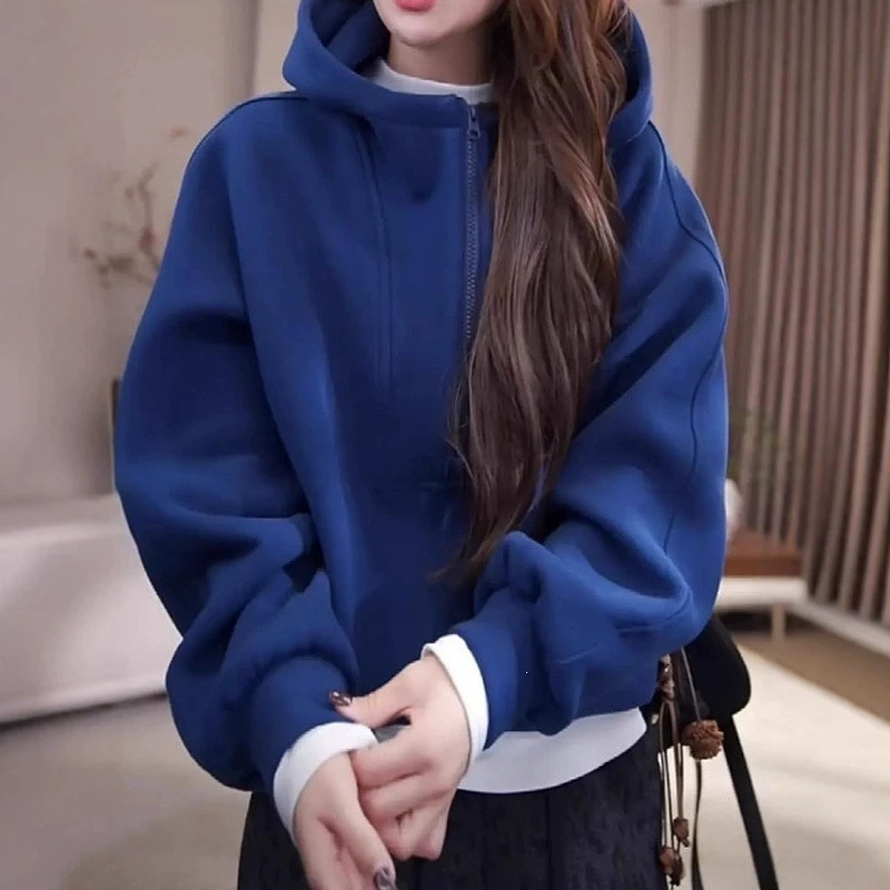 Casual Loose-Fit Half-Zip Hooded Sweatshirt for Women, 2026 Autumn/Winter, Plus Size, Blue, Versatile Casual Top Casual Loose-Fit Half-Zip Hooded Sweatshirt for Women, 2026 Autumn/Winter, Plus Size, Blue, Versatile Casual Top