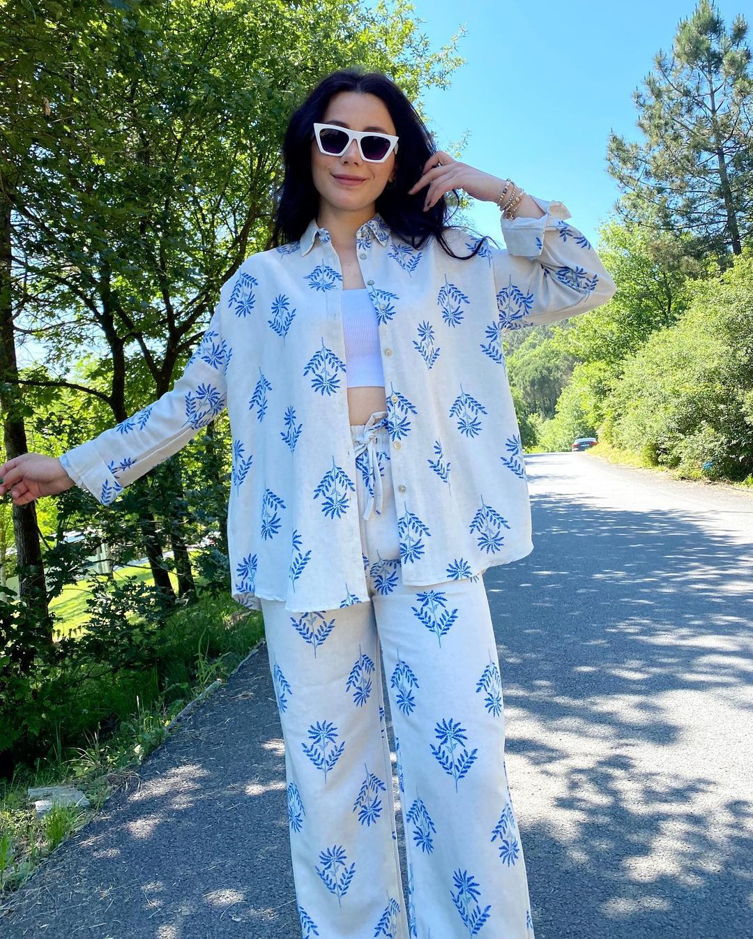 Women's Linen-Blend Lounge Set, Long Sleeve Shirt And High-Waisted Tie-Waist Wide-Leg Pants, Comfortable Two-Piece Outfit For Casual Wear_ecoleips.com
