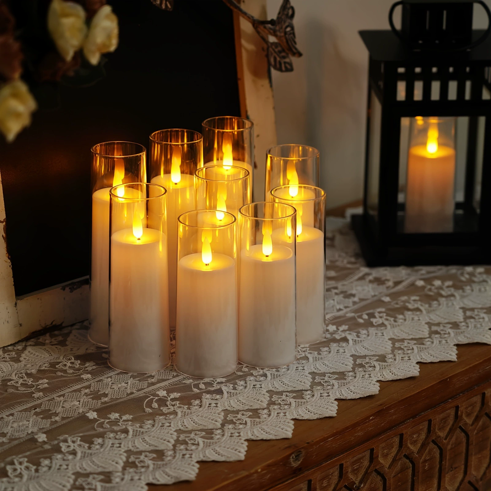 2D Flat 9pcs pure White Flames Cand Battery Operated