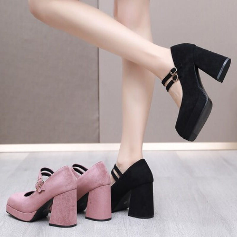 Velvet Solid Color All-Season Single Shoes in Sizes 34-47, Cross-Border Large Size Women's Single Shoes, Waterproof Platform High Heels, Shallow Low-Cut Shoes