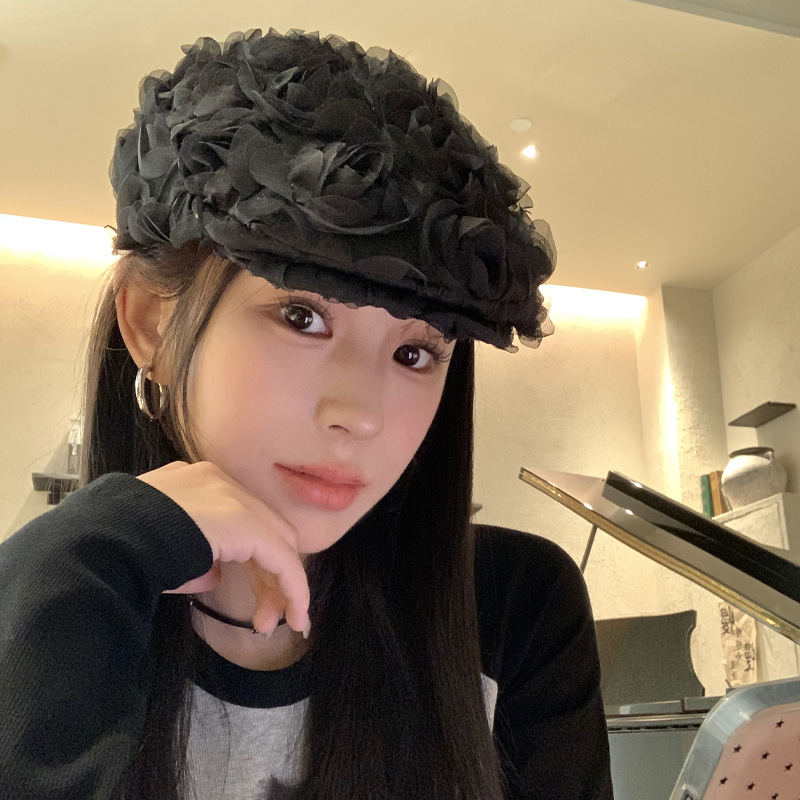 Sombrero de nicho coreano de rosa tridimensional para mujeres versátil cara cóncava modelado pintor sombrero de moda boina