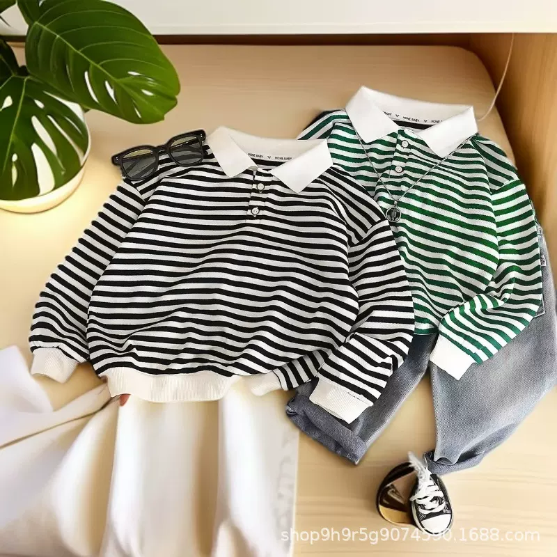 儿童长袖条纹POLO衫秋冬男女童洋气上衣中小童翻领打底衫宝宝T恤