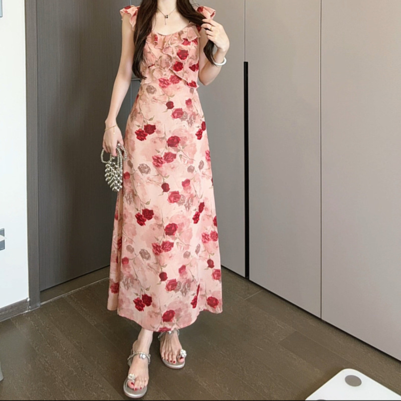 フレンチピンクの花柄サスペンダードレス女性の夏の2025新しいスタイルの美しい超見栄えの良い海辺の休暇ビーチロングドレス|undefined