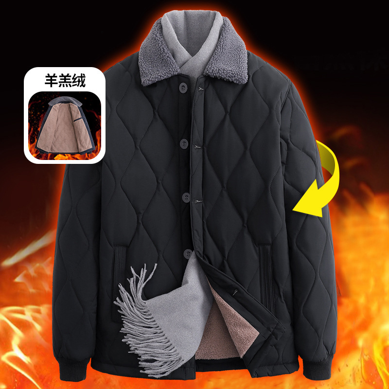 Autumn and Winter Men's Fur Collar Jacket for Middle-Aged and Elderly Dads, Fleece-Lined Thickened Warm Coat for Grandpa, Lamb Wool Cotton Coat