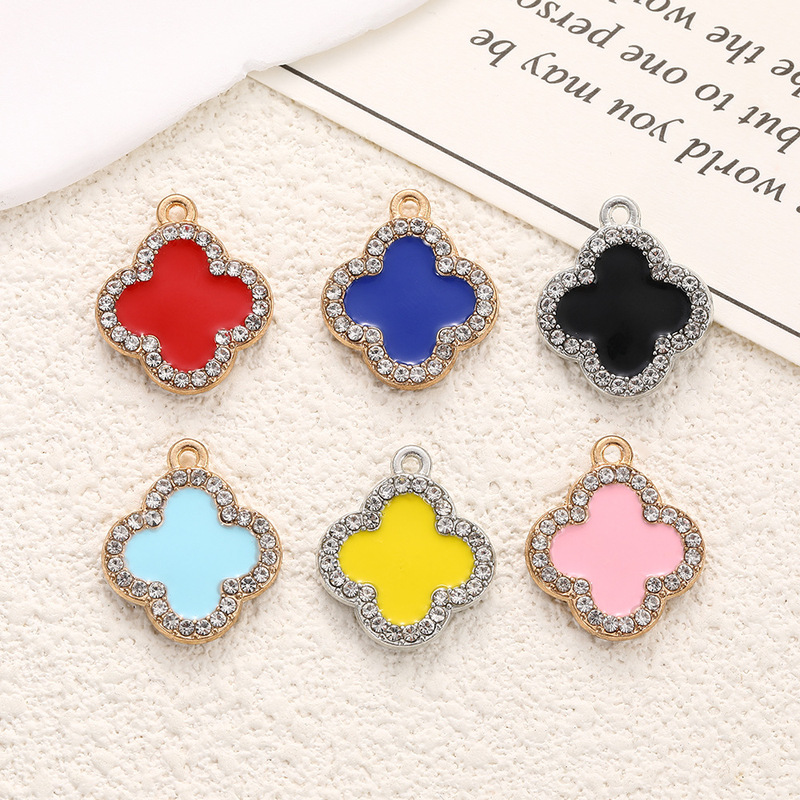 Korean Creative Bracelet Necklace Pendant DIY Accessories Rhinestone Double-Sided Enamel Clover Connector Jewelry Small Pendant