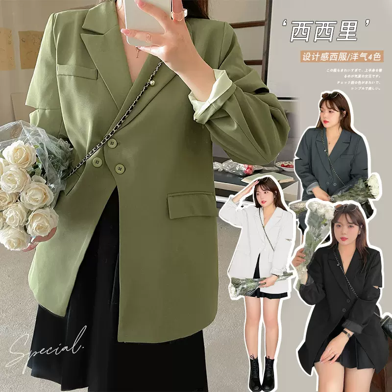 A459轩辰春季大码西服胖mm微胖休闲西装设计感外套女长袖显瘦-BFD