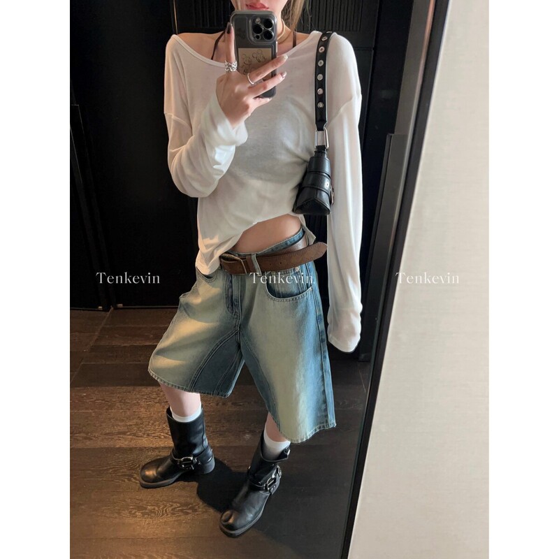 High Street Cool Retro Blue Straight-Leg Denim Shorts for Women 2026 Summer High-Waisted Wide-Leg Loose Mid-Length Shorts
