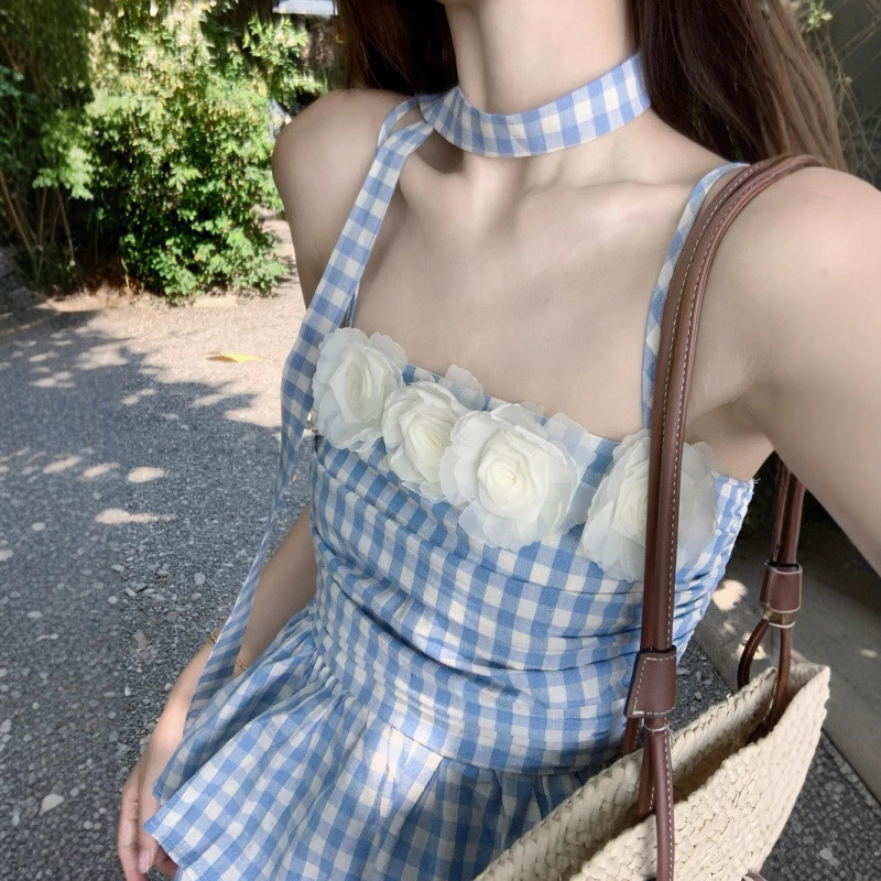 蓝色格子蕾丝抹胸吊带半身裙女夏泰式多巴胺云南海边度假长裙套装|undefined