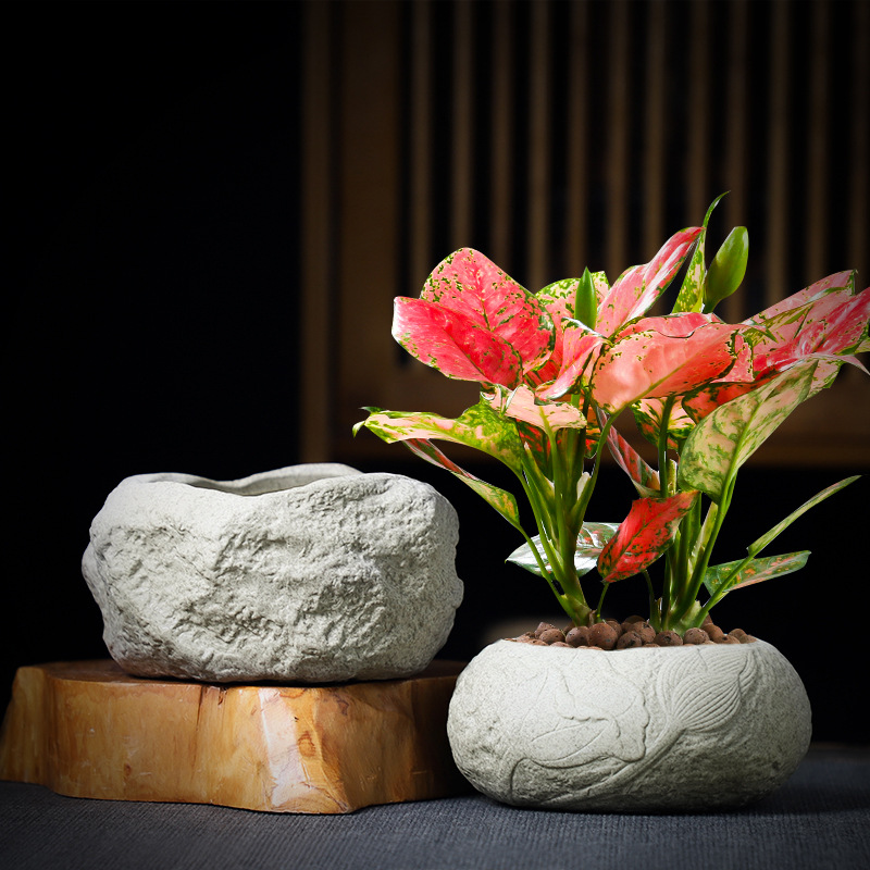 Macetas verdes para plantas de jardín con suelo perforado, macetas de imitación de piedra personalizadas, venta directa del fabricante, cerámica.