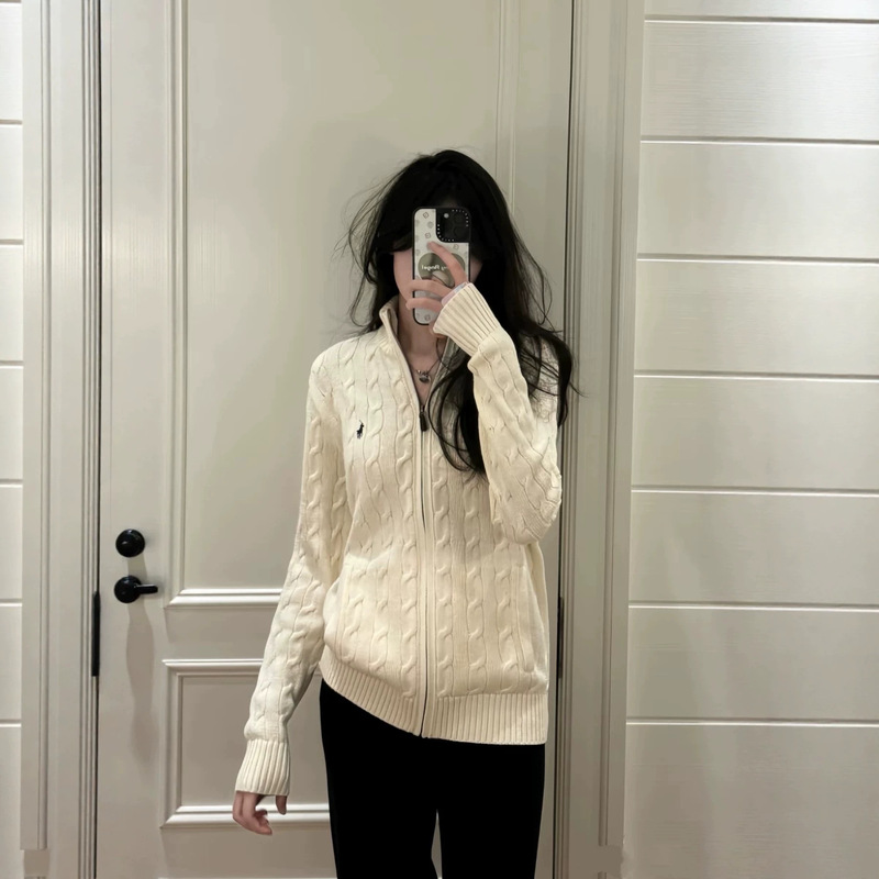 [Original label, scan to verify authenticity] Ralph Lauren knitted sweater, full-zip, cable-knit cardigan, stand-up collar, women's sweater jacket