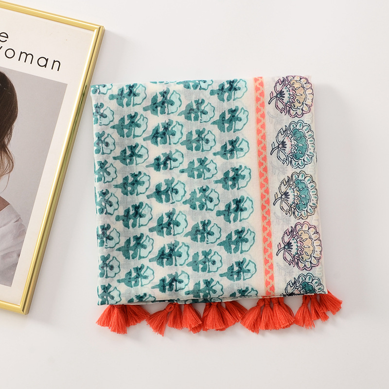 Comercio exterior caliente-Venta de algodón y lino sensación bufanda a rayas flor contraste color bufanda elegante fresco viaje protector solar decorativo chal