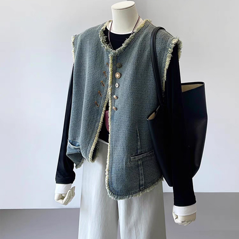 CHAO class recommend! Autumn rejuvenation ~ Korean version of small fragrant style denim blue women's burr design stacked vest vest