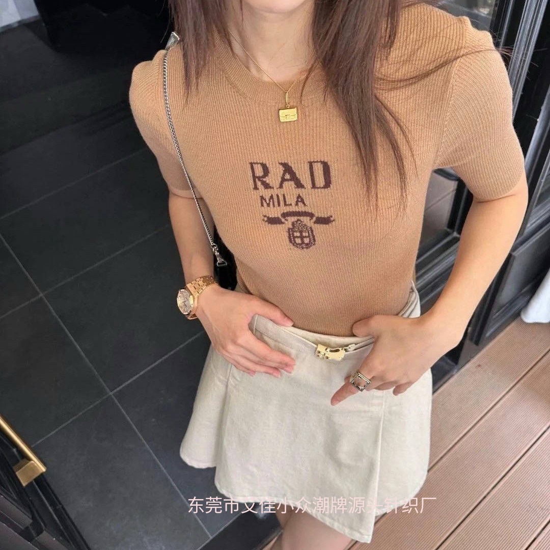 High-End Nanyou Pa European Women's Clothing Small Fragrant English Letter Jacquard Slim Knitwear Short-Sleeved Top