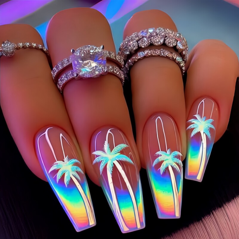 Long Ballet Armor Multicolor Coconut Tree French Fake Nail Light Powder Fairy Ins Style European and American Nail Piece Removable Nail Art Long Ballet Armor Multicolor Coconut Tree French Fake Nail Light Powder Fairy Ins Style European and American Nail Piece Removable Nail Art