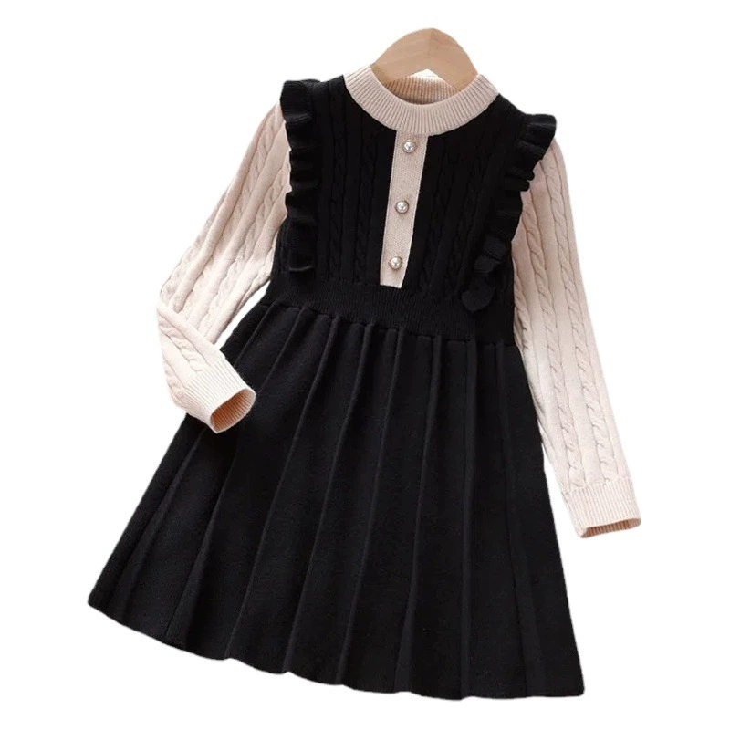 Платье для девочек, Новинка осени и зимы, свитер с длинными рукавами, вязаная юбка, кружевная юбка в академическом стиле, Детская осенняя одежда