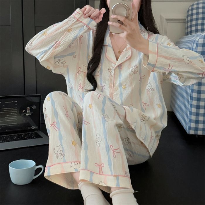 Al por mayor transfronterizo primavera y otoño nuevo pijama de mujer nubes de algodón con solapa cardigan de manga larga pantalones dulces set de ropa para el hogar