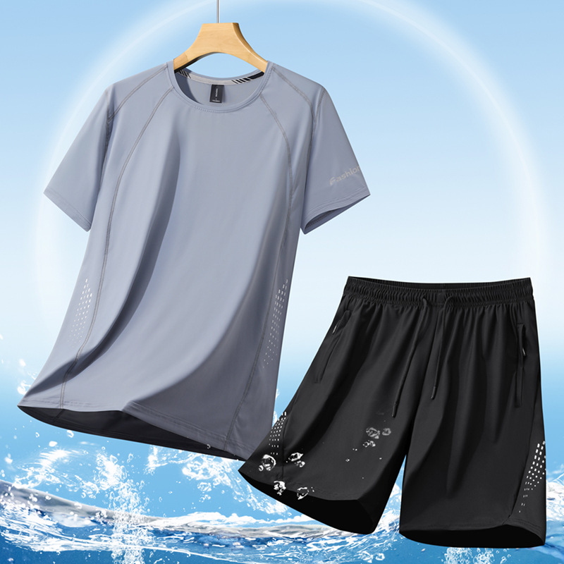 Large Plus Size Ice Silk Casual Sports suit Men's Fashionable Loose Short-sleeved T-shirt Loose Men's Shorts Two-piece Set