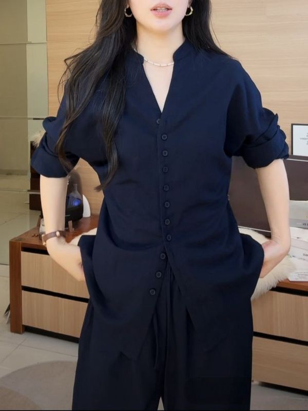 极简老钱风套装优雅时髦衬衫长袖显瘦高腰系带气质休闲裤两件装|undefined