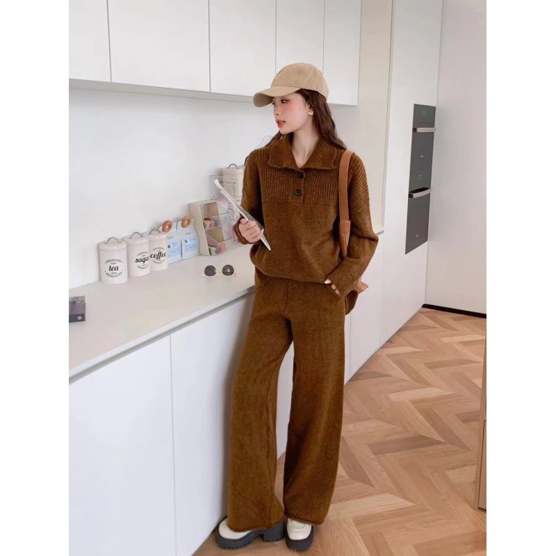 Herbst und Winter neuer Anzug lässiger Pullover Polokragen Strickpullover weite Beinhose zweiteiliges Set für Damen_voghion.com