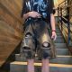 Black Ripped Jeans Shorts Men's Summer Trendy Brand Pants for Plankton Handsome Design Sense Crock Pants American Vintage Five-point Breeches