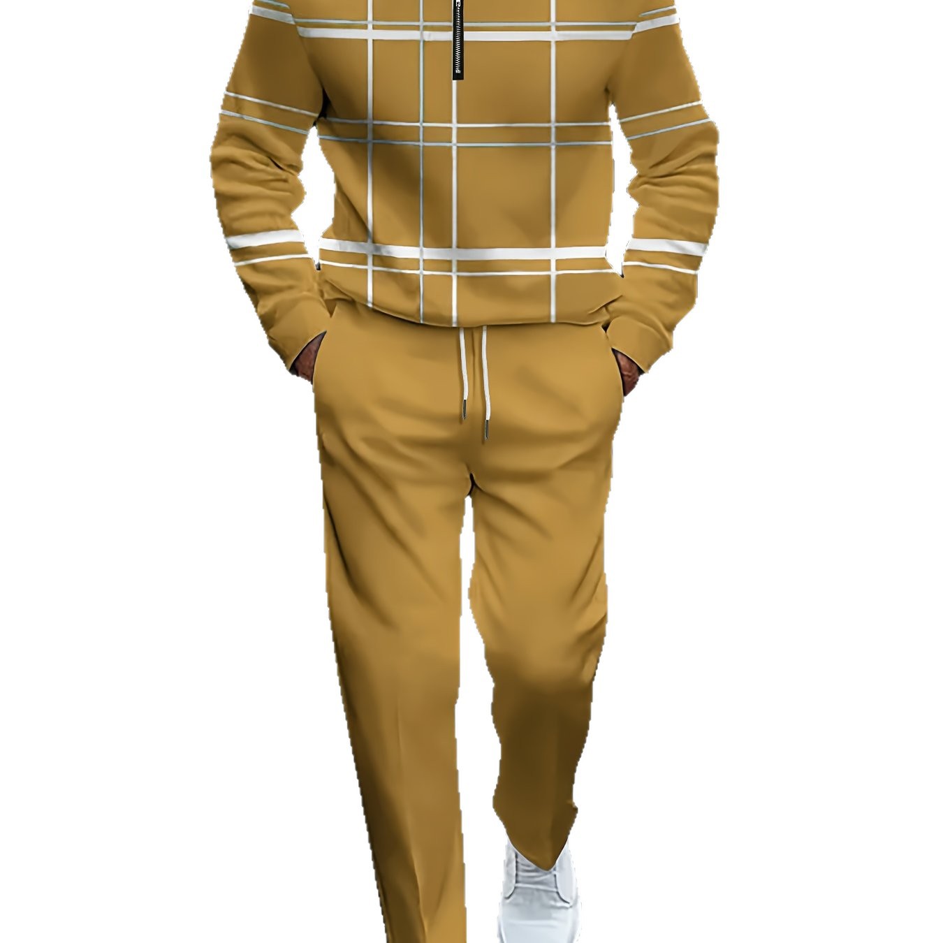 Men's Digital Print Striped T-Shirt Set Open Placket Zipper Solid Color American Style Autumn Winter New_voghion.com