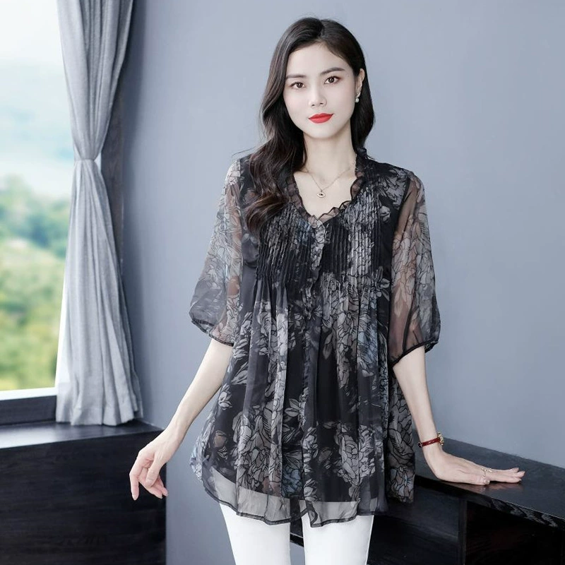 Модная женская летняя блузка в китайском стиле с принтом, с завышенной талией, рукавом до локтя, из сетчатого шифона, с круглым вырезом