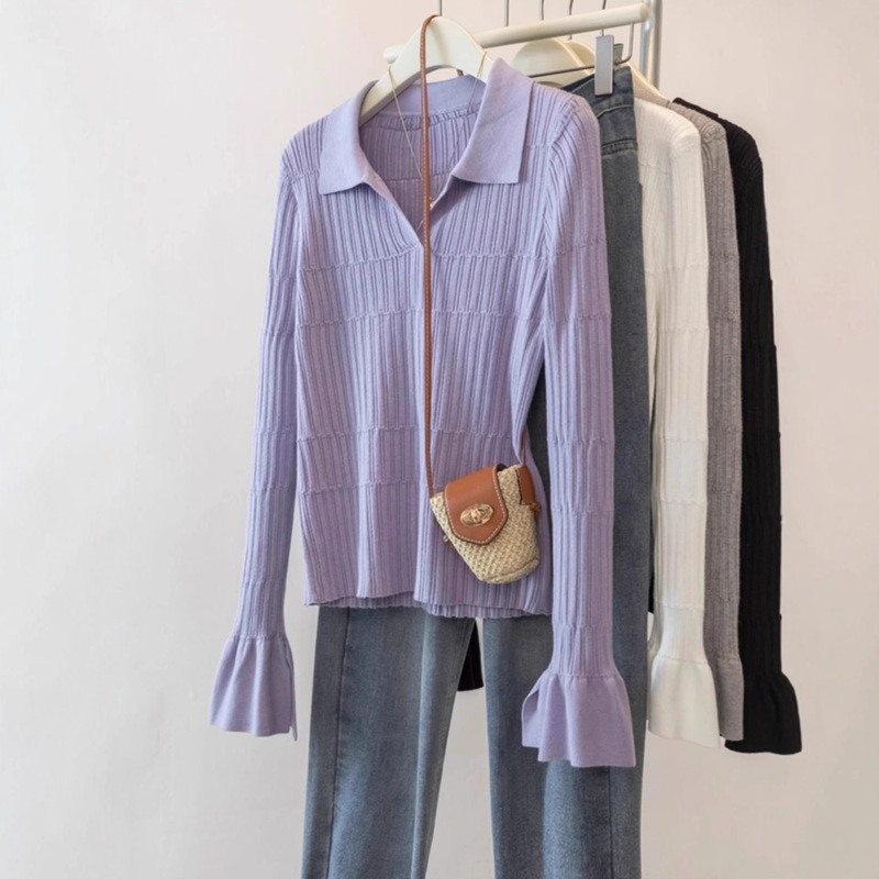 Factory Ready Polo Collar Bottoming Knitwear for Women in Autumn and Winter Design with Bell Sleeves Slimming Look Knitwear Top Factory Ready Polo Collar Bottoming Knitwear for Women in Autumn and Winter Design with Bell Sleeves Slimming Look Knitwear Top