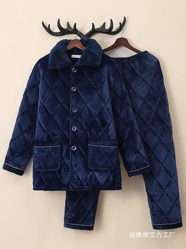 冬季男士睡衣加厚加绒保暖珊瑚绒夹棉中老年爸爸家居服套装秋批发